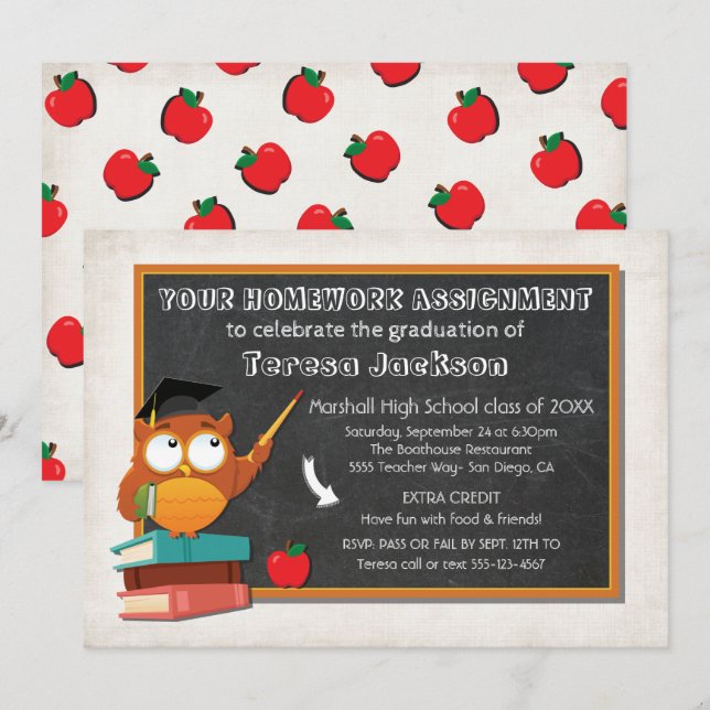 Teacher Owl with chalkboard party invitation (Front/Back)