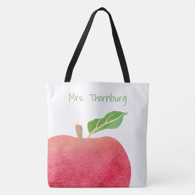 Teacher Personalised Red Watercolor Apple Teachers Tote Bag (Front)