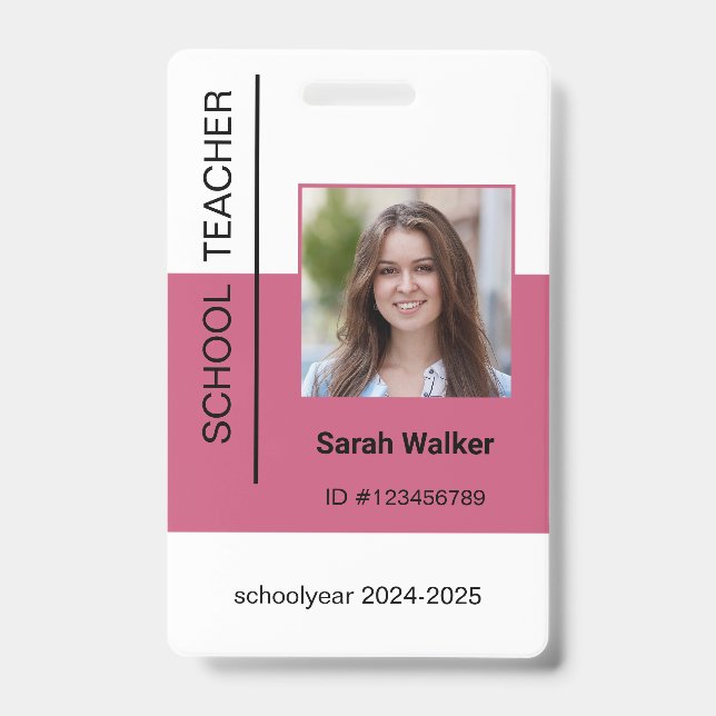 Teacher photo ID of an employee or student pink Badge (Front)