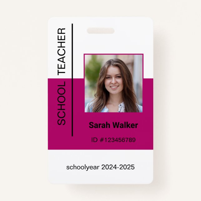 Teacher photo ID of employee or student dark pink ID Badge (Front)
