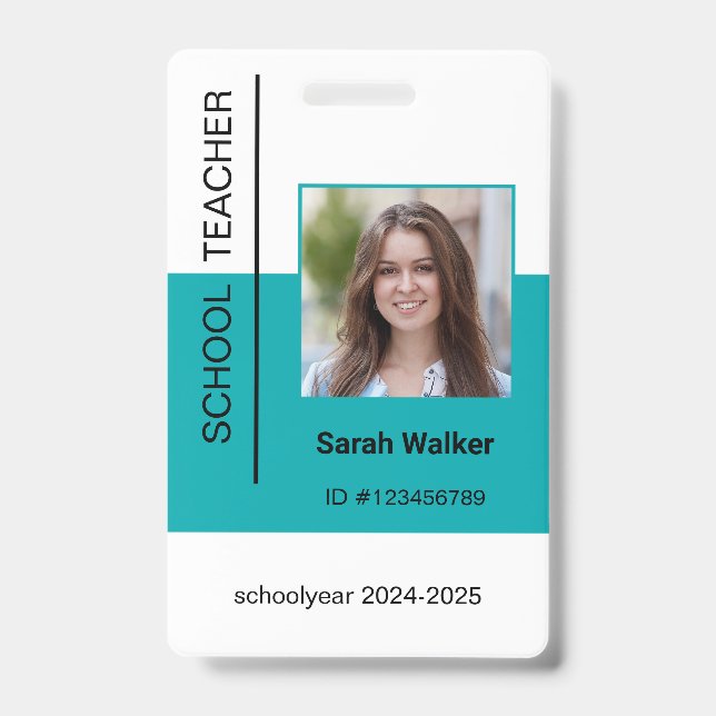 Teacher photo ID of employee or student turquoise Badge (Front)