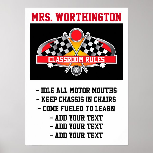 Teacher Poster Classroom Rules Auto Racing - SRF (Front)