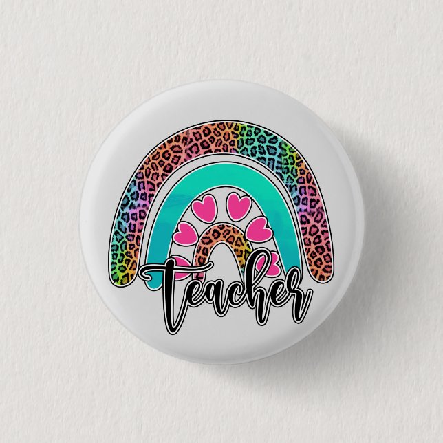 Teacher Rainbow – Colourful Leopard Print 3 Cm Round Badge (Front)