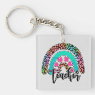 Teacher Rainbow – Colourful Leopard Print Key Ring