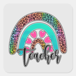 Teacher Rainbow – Colourful Leopard Print Square Sticker