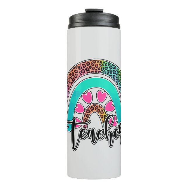 Teacher Rainbow – Colourful Leopard Print Thermal Tumbler (Front)