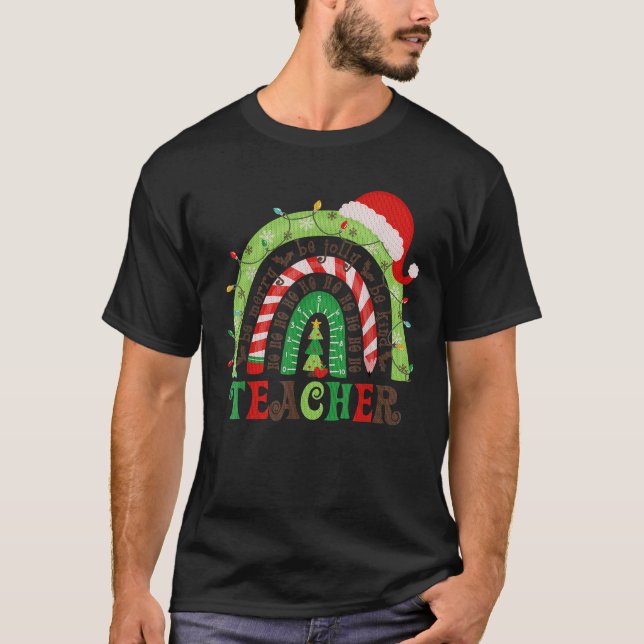 Teacher Rainbow Merry and Bright Teacher Christmas T-Shirt (Front)