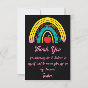 teacher rainbow school supply pink black thank you card