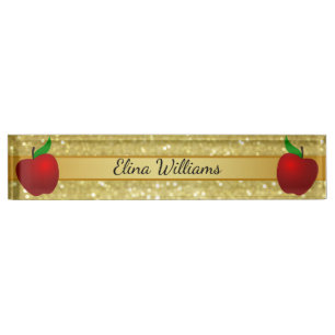 Teacher Red Apple Gold Classic Confetti Nameplate