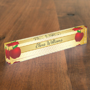 Teacher Red Apple Gold Classic Confetti Nameplate