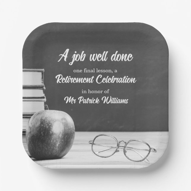Teacher Retirement Chalkboard Apple Books Noir  Paper Plate (Front)
