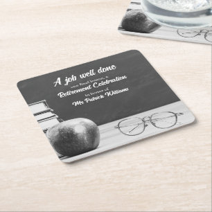 Teacher Retirement Chalkboard Apple Books Noir  Square Paper Coaster