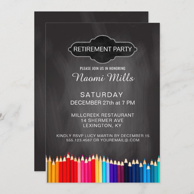 Teacher Retirement Party Chalkboard Pencils Invitation (Front/Back)