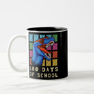 Teacher Roar Student 100th Day Dinosaur 100 Days O Two-Tone Coffee Mug
