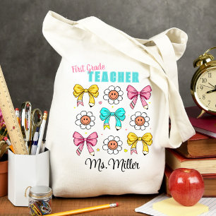 Teacher School Cute Bow Pencil Smile Name Tote Bag