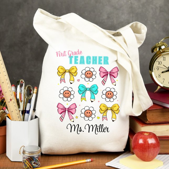 Teacher School Cute Bow Pencil Smile Name Tote Bag (Teacher School Cute Bow Pencil Smile Name Tote Bag)