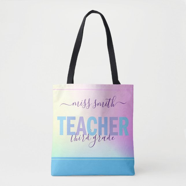 Teacher Script Name Purple Pink Ombre Class Photo Tote Bag (Front)
