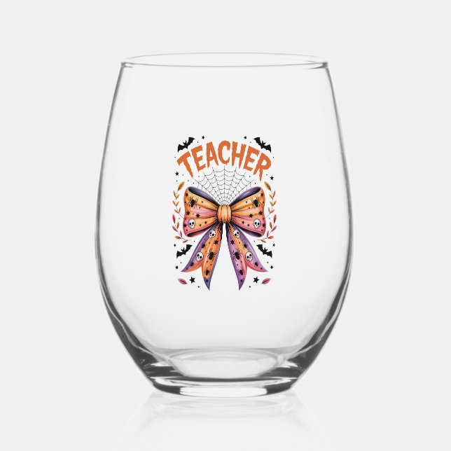 Teacher Spooky Halloween Stemless Wine Glass (Front)