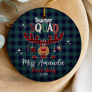 Teacher squad Christmas blue red baffalo plaid Ceramic Ornament