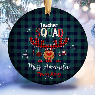 Teacher squad Christmas blue red baffalo plaid Ceramic Ornament