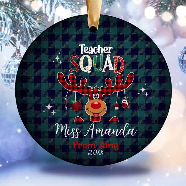 Teacher squad Christmas blue red baffalo plaid Ceramic Ornament (Creator Uploaded)