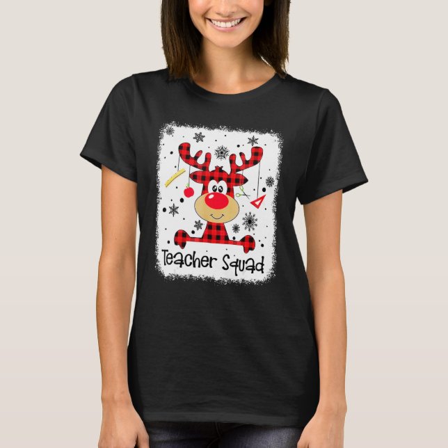 Teacher Squad Cute Red Plaid Reindeer Snow  Christ T-Shirt (Front)