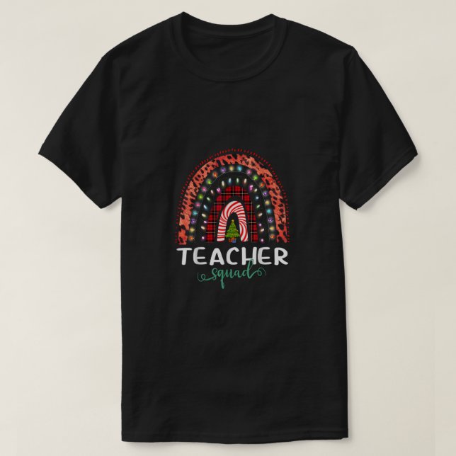 Teacher Squad Leopard Rainbow Christmas Tree Light T-Shirt (Design Front)