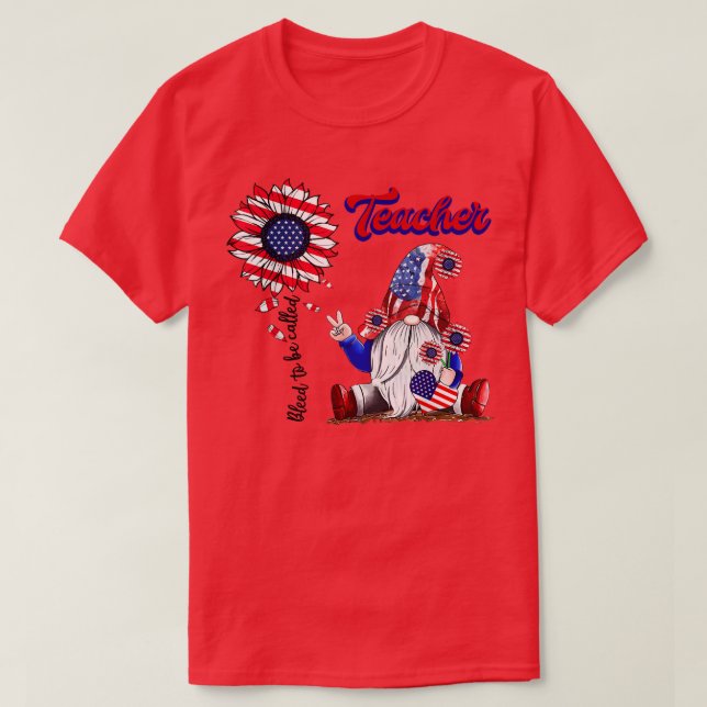 Teacher Student 4th Of July Gnomes Sunflower Ameri T-Shirt (Design Front)