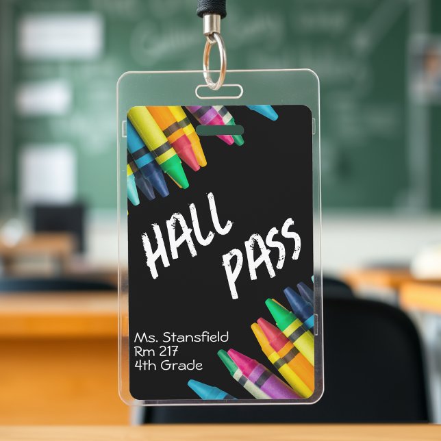 Teacher Student Crayon Class Bathroom Hall Pass ID Badge (black and white crayon teacher student hall pass badge)