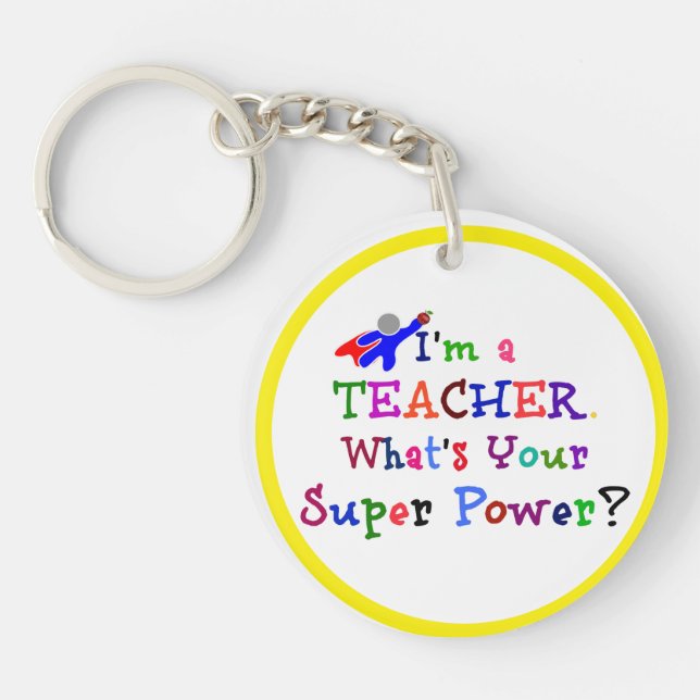 Teacher Superhero with Yellow Circle Frame Key Ring (Front)