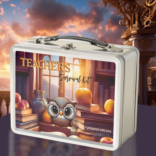 Teacher Survival Kit Owl Books Apples Metal Lunch Box (Teacher Lunch Box featuring a funny design with an owl surrounded by books and lots of apples.)