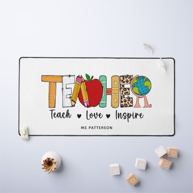 Teacher Teach Love Inspire Personalised Name Desk Mat (Kids Table)