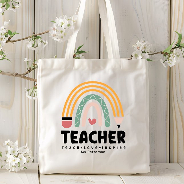 Teacher Teach Love Inspire Rainbow Personalised Tote Bag (Creator Uploaded)