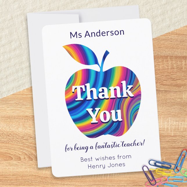 Teacher Thank You Colourful Apple Personalised Holiday Card (A personalized Thank You card to show appreciation for a teacher, with colorful swirly apple picture)