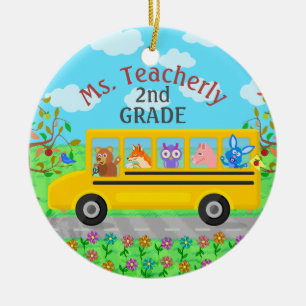 Teacher Thank You Custom Name   Cute Bus Animals Ceramic Ornament