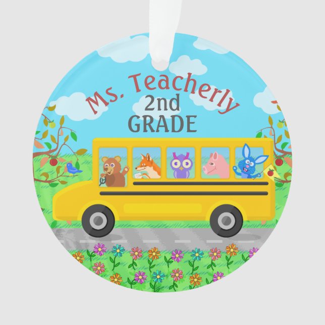 Teacher Thank You Custom Name | Cute Bus Animals Ornament (Front)