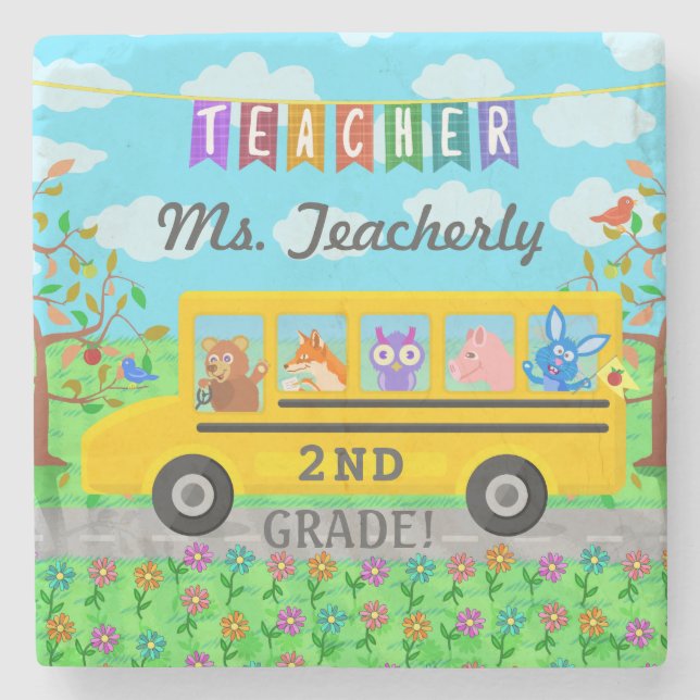 Teacher Thank You Custom Name | Cute Bus Animals Stone Coaster (Front)