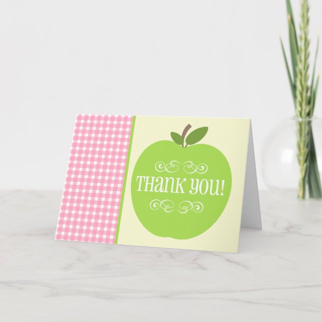 Teacher Thank You Green Apple Pink Gingham Card (Front)