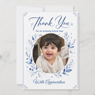 Teacher Thank You Photo Card Blue Floral Custom