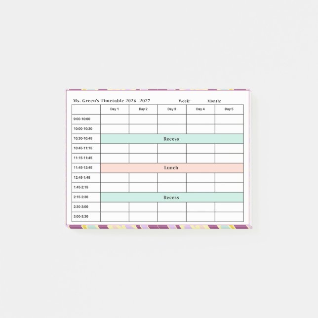 Teacher Timetable 2026–2027 | Classroom Weekly Post-it Notes (Front)