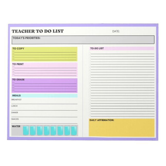 Teacher To Do List Productivity Daily Affirmations Notepad (Front)