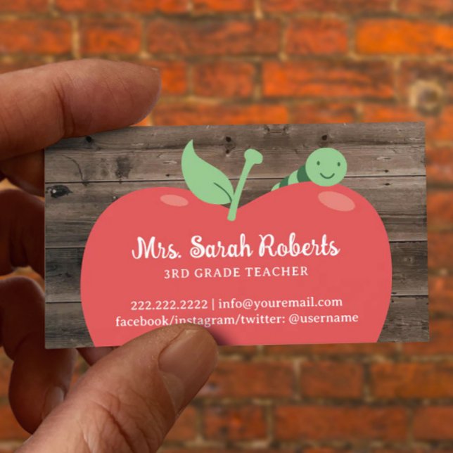 Teacher Tutor Cute Apple & Worm Barn Wood Business Card (Creator Uploaded)