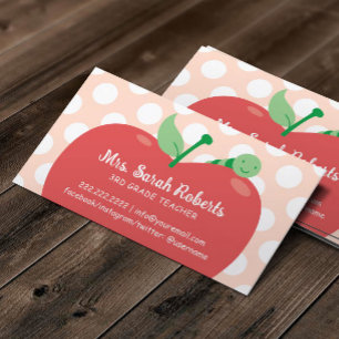 Teacher Tutor Cute Apple & Worm Pastel Pink Business Card