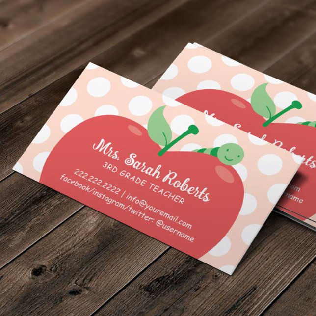 Teacher Tutor Cute Apple & Worm Pastel Pink Business Card (Creator Uploaded)