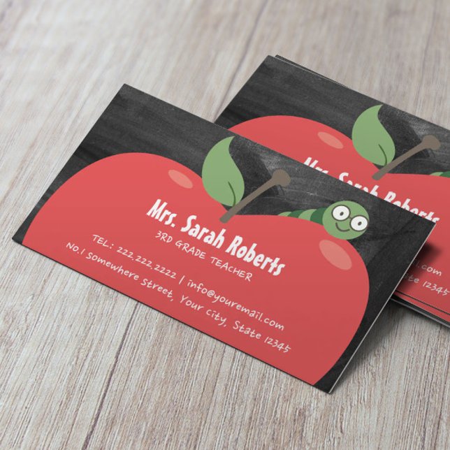 Teacher Tutor Cute Apple & Worm Rustic Chalkboard Business Card (Creator Uploaded)