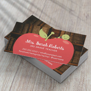 Teacher Tutor Cute Apple & Worm Vintage Bookshelf Business Card