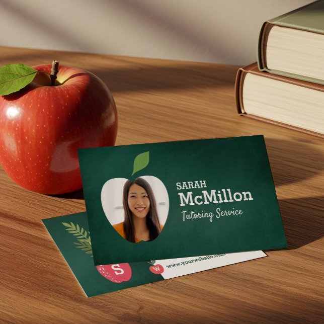 Teacher Tutoring Green Chalkboard Apple Photo Business Card (Teacher Tutoring Green Chalkboard Apple Photo Business Card)