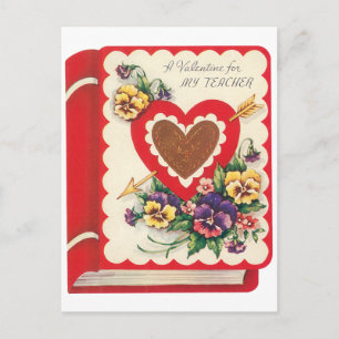 Teacher Valentine, Vintage Book Hearts and Flowers Holiday Postcard