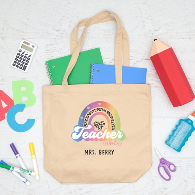 Teacher Vibes Rainbow Leopard Print Large Tote Bag (Creator Uploaded)