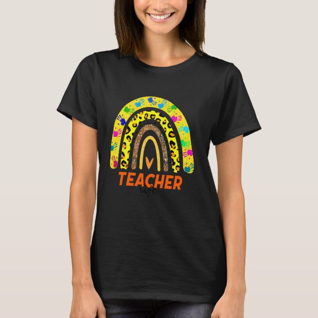 Teacher Yellow Rainbow Leopard Funny School Teache T-Shirt (Front)